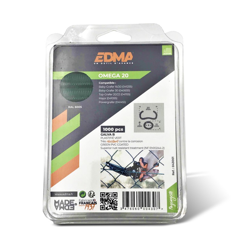 EDMA AGRAFES OMEGA 20 - Galva plastifié vert - 1000 pcs